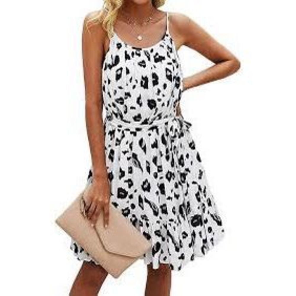 Floral Print Crewneck Sleeveless Ruffle Mini Short Dress WHITE LEOPARD